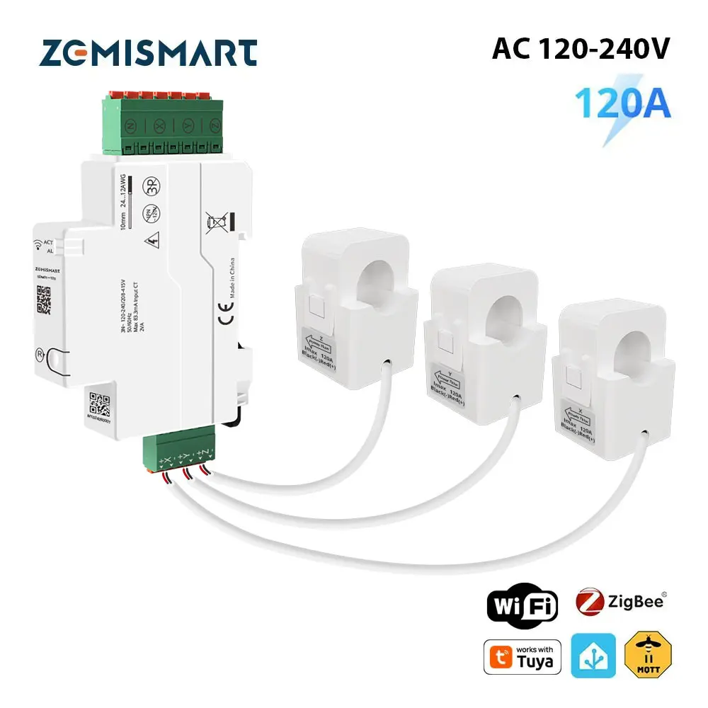 Zemismart 120 A intelligenter DIN-Schienen-Energiezähler Zigbee WiFi 3-Phasen-Leistungsmonitor mit Split-Core-CTs Home Assistant Zigbee2mqtt Image