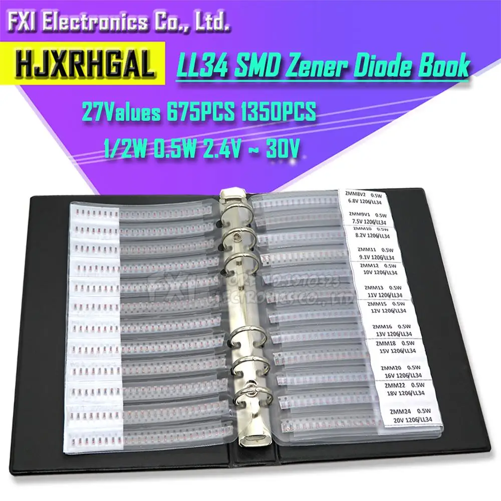 27 Werte, 675/1350 Stück, LL34 SMD-Zenerdiodenbuch, 1/2 W, 2,4 V ~ 30 V, Paket, sortiertes Kit, 0,5 W, Musterbuch, häufig Musterkit Image
