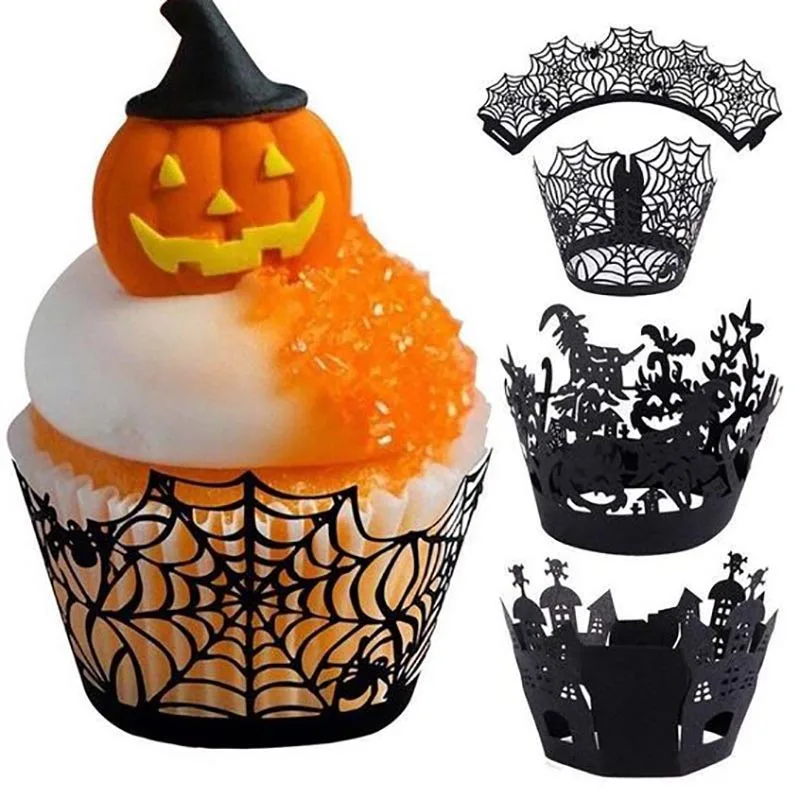 12set Halloween Cupcake Wrapper Schwarz Spinnennetz Schloss Laser Cut Cupcake Wrap Liner Halloween Party Kuchen Dekoration Backen Tasse Image