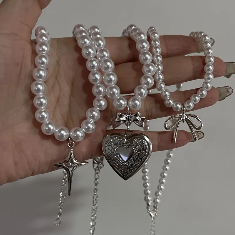 Perle Liebe Herz Medaillon Anhänger Halsketten Für Frauen Silber Farbe Edelstahl Foto Rahmen Versprechen Schmuck Colliers Geschenk Image