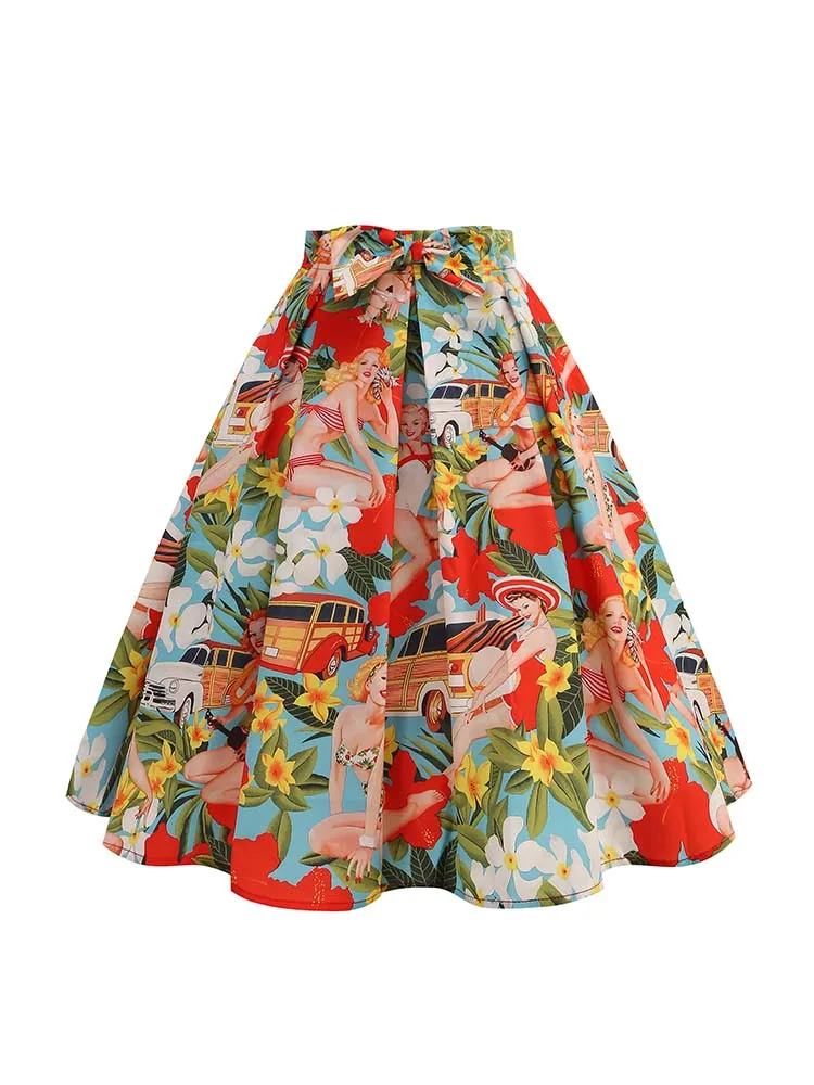 Sommerrock mit Blumendruck für Damen, hohe Taille, Swing 50er-Jahre, Vintage-Retro-Rockabilly-Midi-Faltenröcke, Faldas