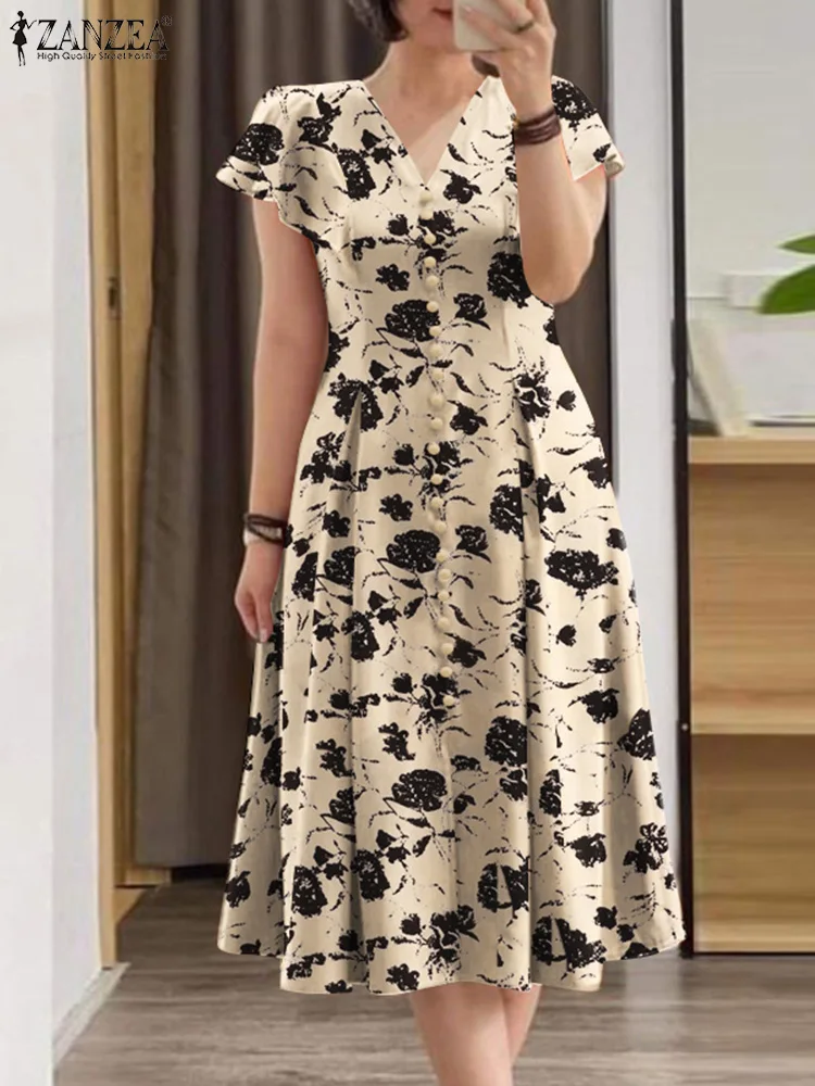 Zanzea Sommer ol Arbeit Rüschen ärmel Frauen Midi-Kleid lässig Blumen druck A-Linie Vestidos V-Ausschnitt Taille Party Sommerkleid übergroß Image