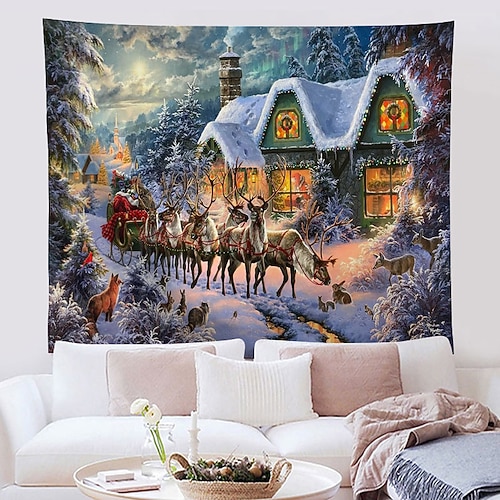 Wandteppich Winter Wunderland Rentier Kunst Dekor Fotografie Hintergrund hängen Schlafzimmer Wohnzimmer Dekoration Baum Schneeflocke Kerze Geschenk Kamin