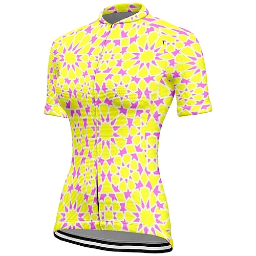 Damen Radtrikot Geometrie Kurzarm Fahhrad T-Shirt Oberteil mit 3 Gesäßtaschen Mountainbike MTB Straßenradsport Schnelltrocknend Frontreißverschluss Feuchtigkeitsableitend Sport Gelb Bekleidung Image