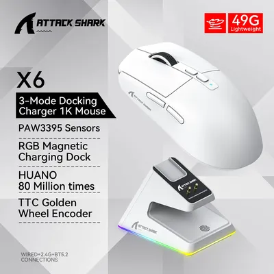 ATTACK SHARK X6 Mouse,PAW3395 Bluetooth Tri-Mode Connection,RGB Touch Magnetic Charging Base,Macro