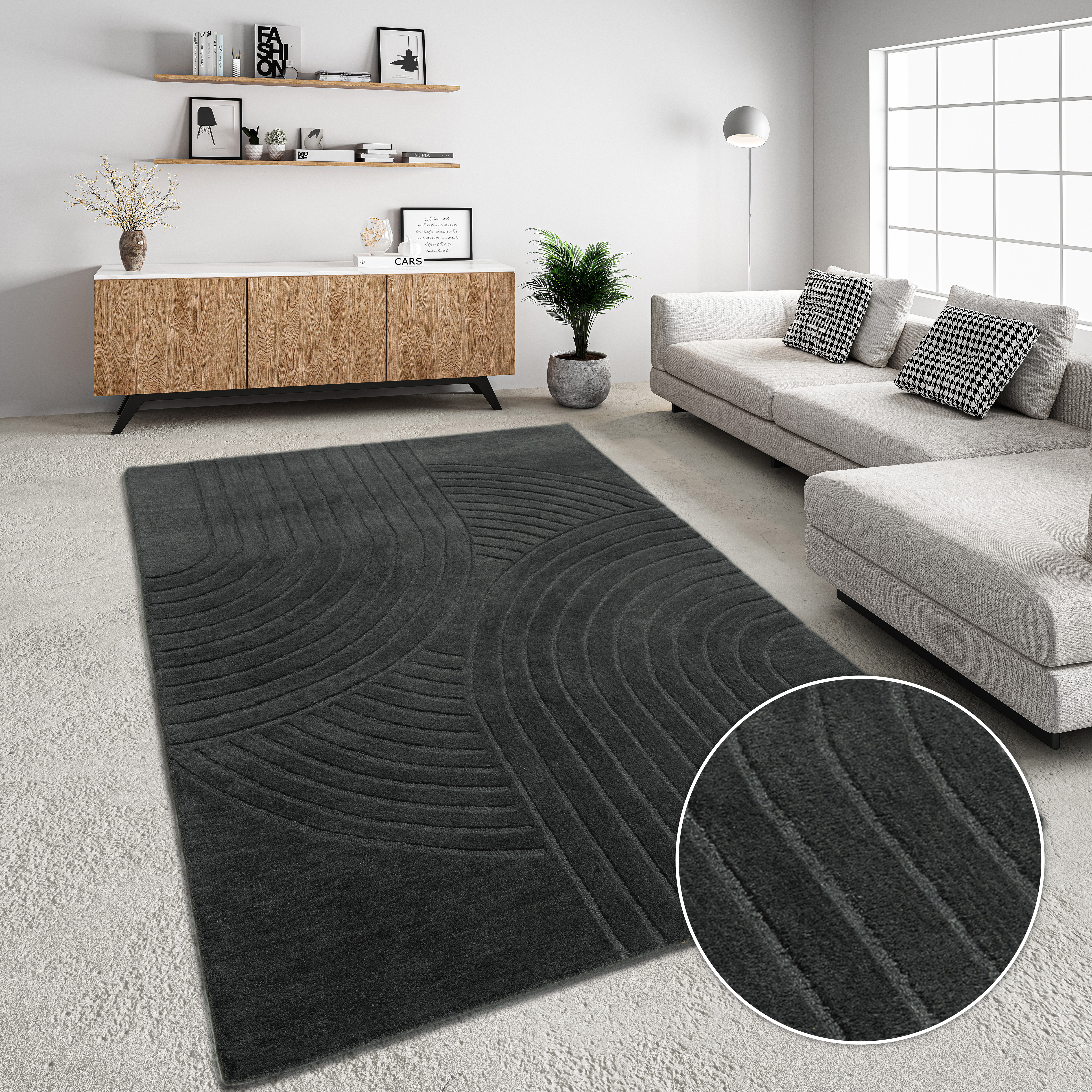 Wollteppich MY HOME "Gabbo Design, Handweb Teppich, reine Wolle, handgewebt" Gr. 3, grau (dunkelgrau), B:120cm H:14mm L:180cm, Wolle, Teppiche, Hoch-Tief-Effekt, reine Wolle, Scandi-Look, Naturfaser, Handarbeit Image