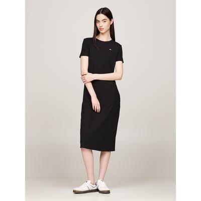 Jerseykleid TOMMY JEANS, Damen, Gr. S (36), N-Gr, schwarz, Jersey, Obermaterial: 60% Polyester, 33% Viskose, 7% Elasthan, unifarben, casual, figurbetont wadenlang, Rundhals, Kurzarm abgesteppt, Kleider, mit gerippter Struktur, Logostickerei Image