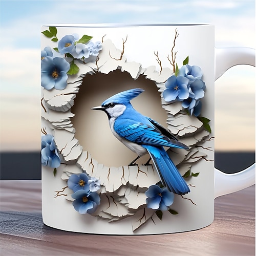 Vogel-Kaffeetasse, 3D-Illusion, Kaffeebecher, Tier-Geschenktasse, Reisebecher, lustige Trinktasse, Schreibtisch-Dekoration, 325 ml Keramiktasse, Teetasse, Geburtstags- und Weihnachtsgeschenke für Image