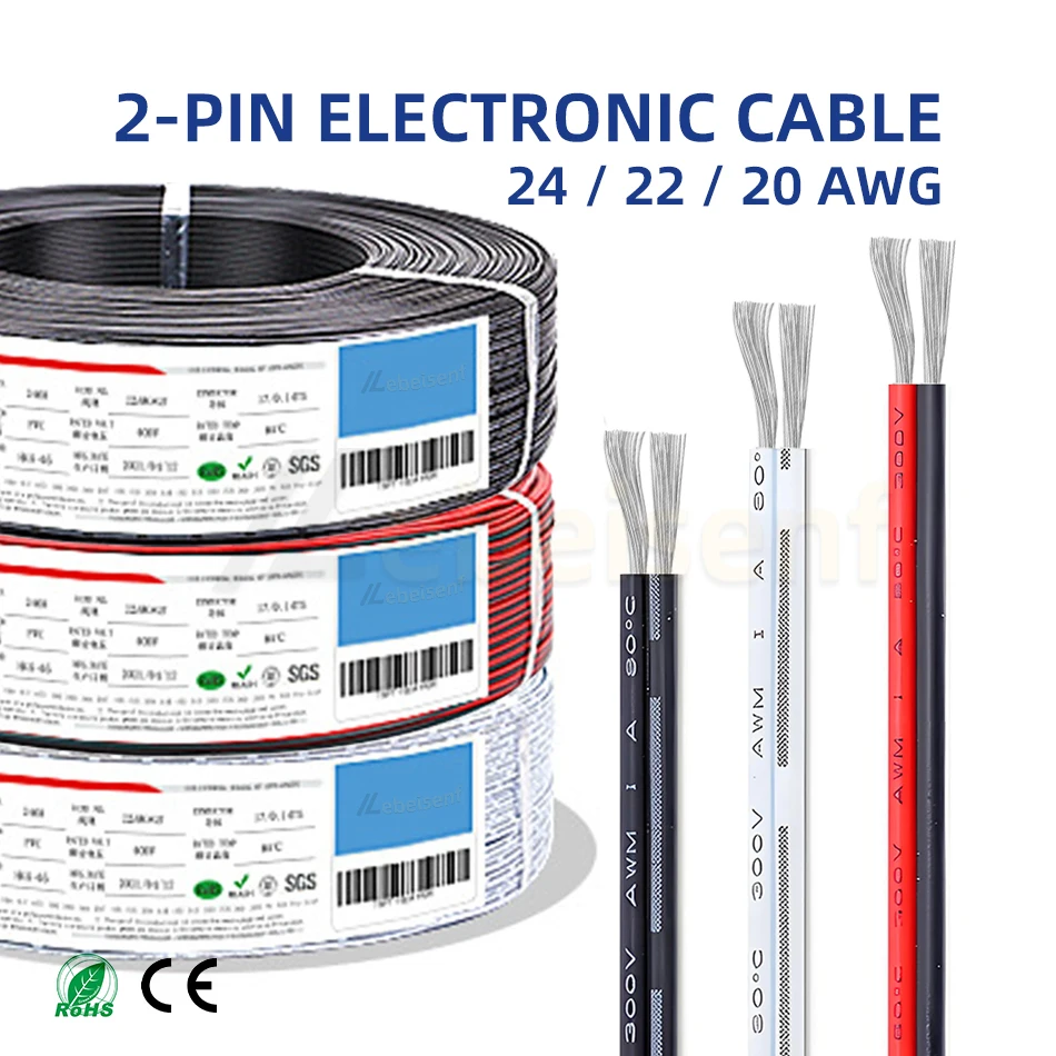 2Pin 2m/5m/10m/20m UL2468 2 Pins Elektrokabel 24 22 20AWG verzinntes Kupfer isoliertes PVC-Verlängerungs-LED-Lichtleistenkabel 2-Pin Image