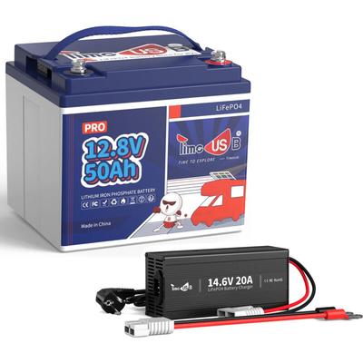 12V50Ah Pro LiFePO4 Akku Lithium Batterie + 14,6V 20A Batterieladegerät für 12V LiFePO4