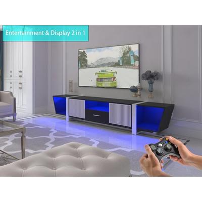 Model Display Cabinet Modern Entertainment Center TV Console with Built-in LED Changing Lights, Power Socket and Engraving Door