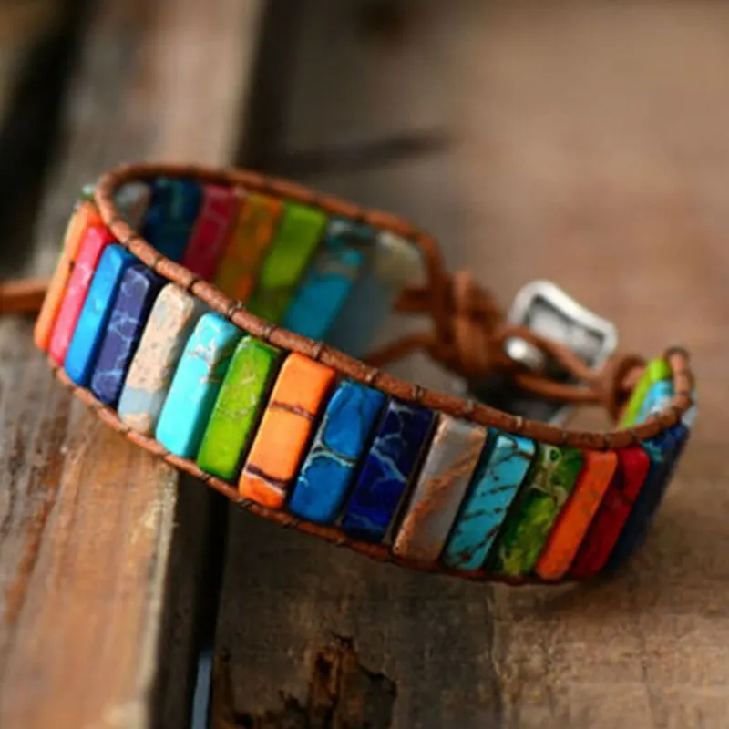 Böhmisches mehrfarbiges Kaiserstein-Armband, 7 Chakra-Heilungsarmband mit rechteckigen Steinen, Lederseil-Armreif, Handgelenkschmuck K0 Image