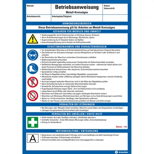 König Werbeanlagen Dreifke® Maschinenbetriebsanweisung Metall-Kreissägen, Kunststoff, 210x297mm, ASR A1.3, DIN EN ISO 7010 Image