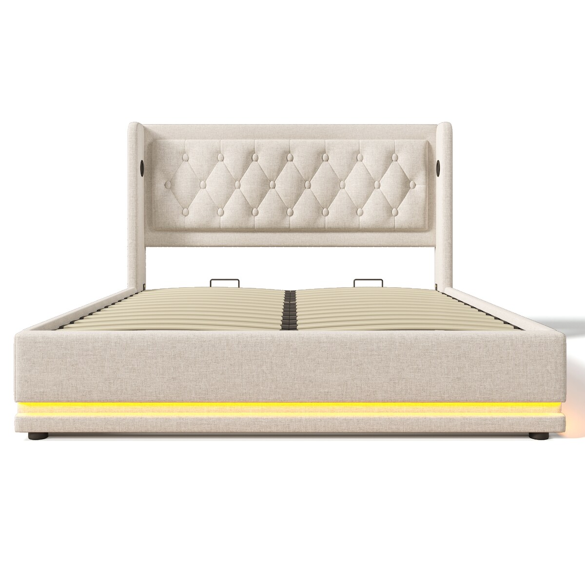 Merax Polsterbett Doppelbett 160*200 cm, Hydraulisches Stauraumbett, mit USB Typ-C Ladefunktion, LED-Funktion(Ohne Matratze), Baumwolle, Beige Image