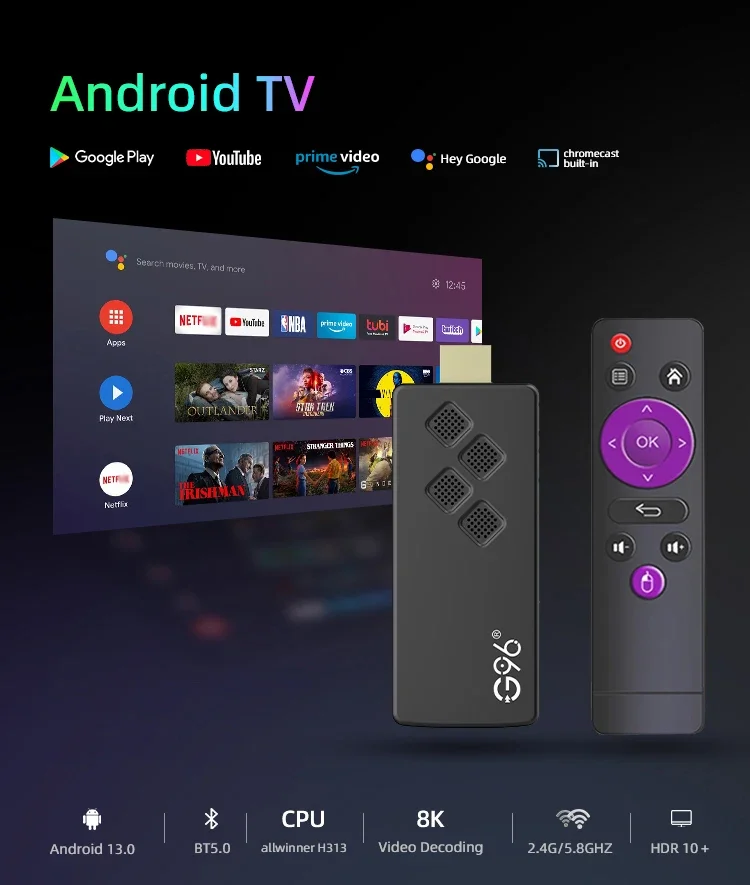 G96 Smart Tv stick Android13.0 Q2 Allwinner H313 BT5.0 Google Voice 4k Dual Wifi Youtube Multi Language Streaming Media Player