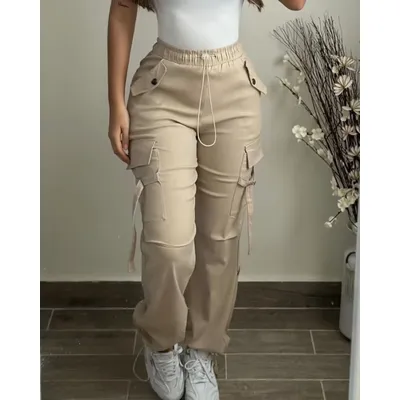 Women's Cargo Pants 2024 Autumn Fashion Street Pocket Design Drawstring Cuffed Pants Daily Casual Plain Long Pants Versatile