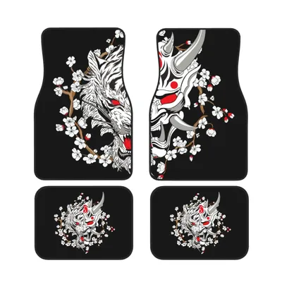 Japanese Oni mask and Tiger Car Floor Mats Black Front and Back All-Weather Car Mats 4PCS Car