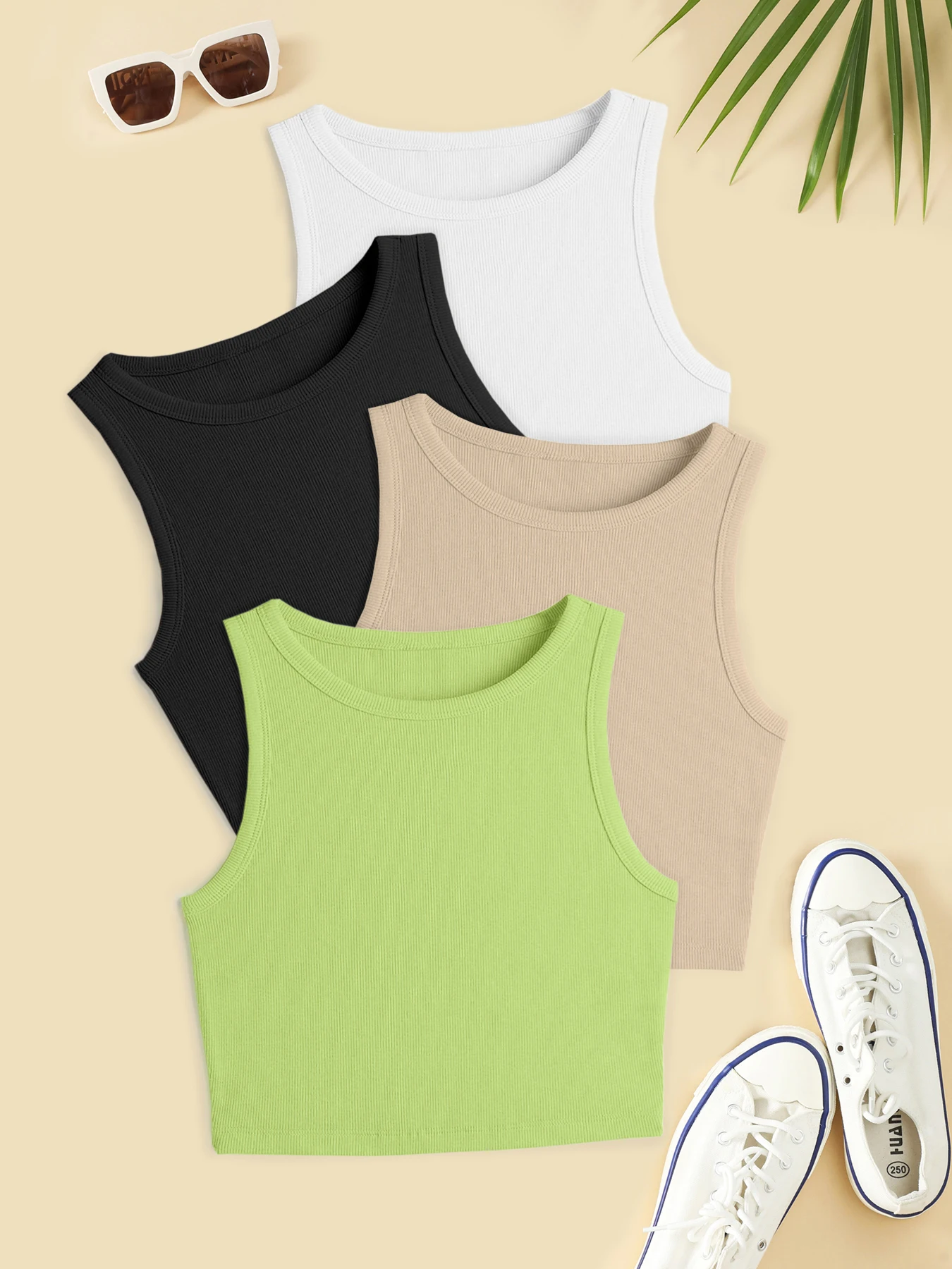 Solid Ribbed Crop Tank Top, Casual Crew Neck Sleeveless Tank Top For Summer, Women's Clothing