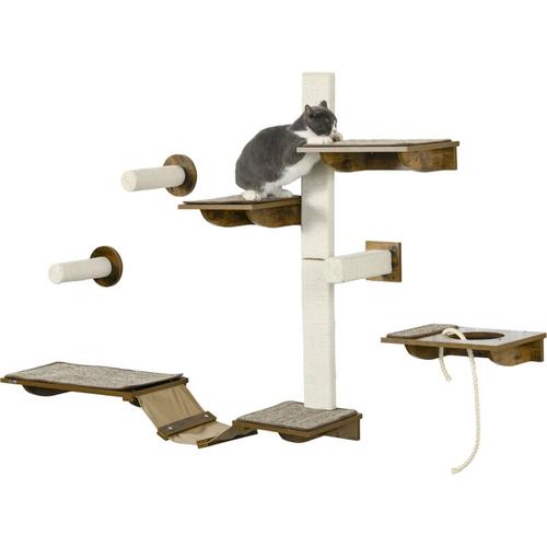 Katzen Kletterwand Set, 8-teilig Katzenmöbel mit Kratzbäumen, Sitzstangen, Kratzbrett,