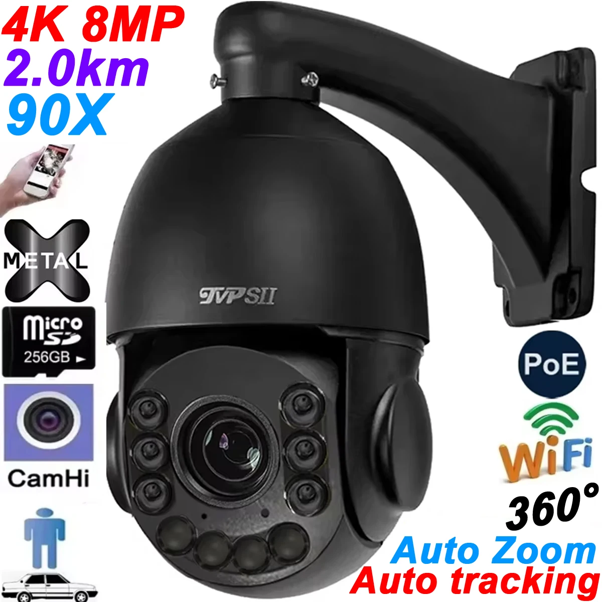 Metall Max.512 GB Infrarot-Auto-Tracking-CamHi H.265+ 8 MP 4K 90X 54X optischer Zoom Audio 360 ° Alarm POE WIFI 2 in 1 PTZ IP-Kamera Image