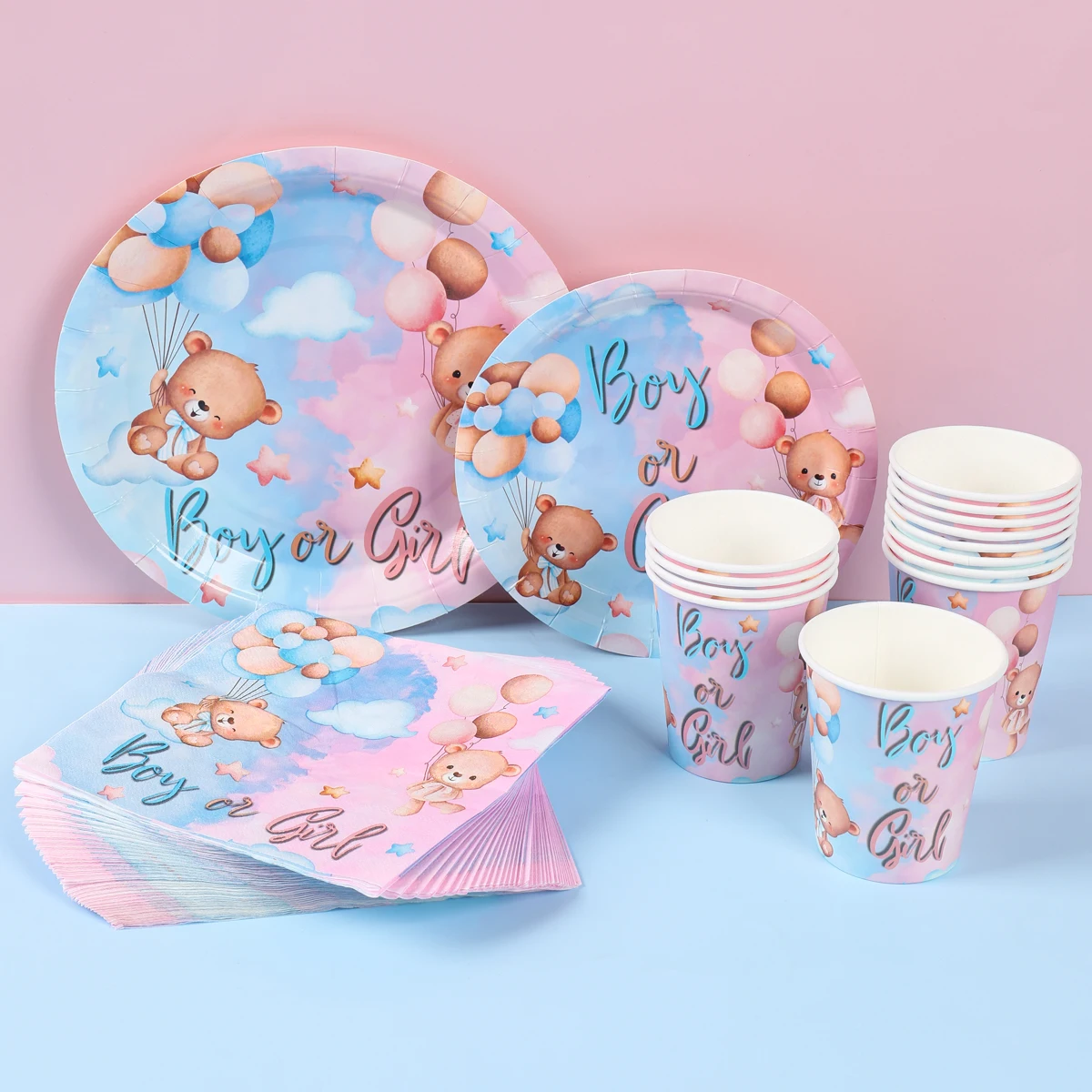 Geschlecht offenbaren Geschirr rosa blau Bär Einweg geschirr Set Teller Tassen Jungen oder Mädchen Party liefert Baby party Party Dekore Image