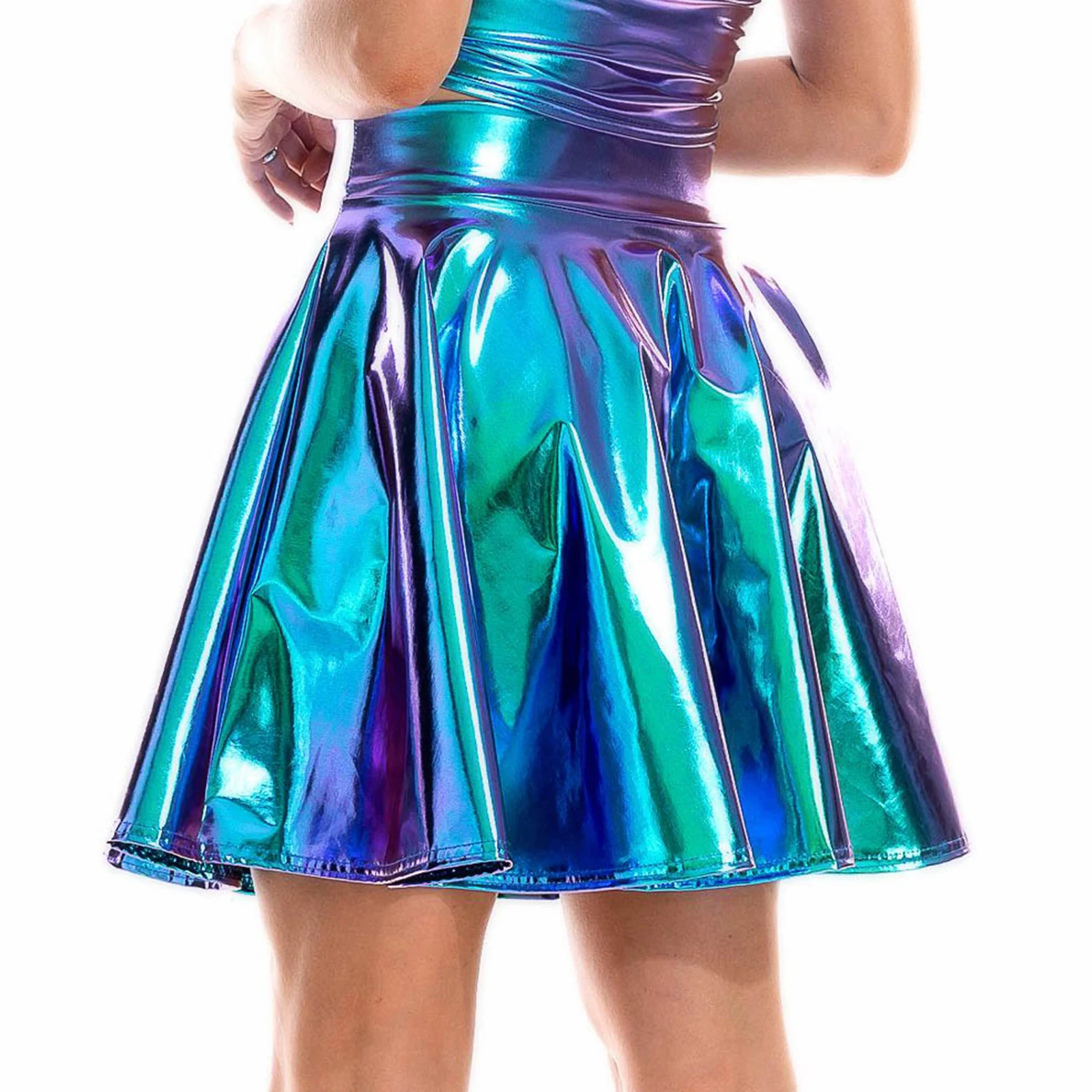 Frauen Glänzend Hohe Taille Flare Rock Club Bühne Kostüm Party Dancewear Shiny Metallic Wetlook Clubwear Rüschen Saum Röcke Image