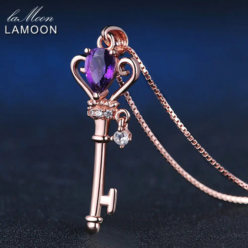 LAMOON Crown Schlüssel Anhänger 925 Sterling Silber Halskette Schmuck 0,4 ct Amethyst Edelsteine Halsketten Rose Gold Überzogene Kette LMNI004 Image