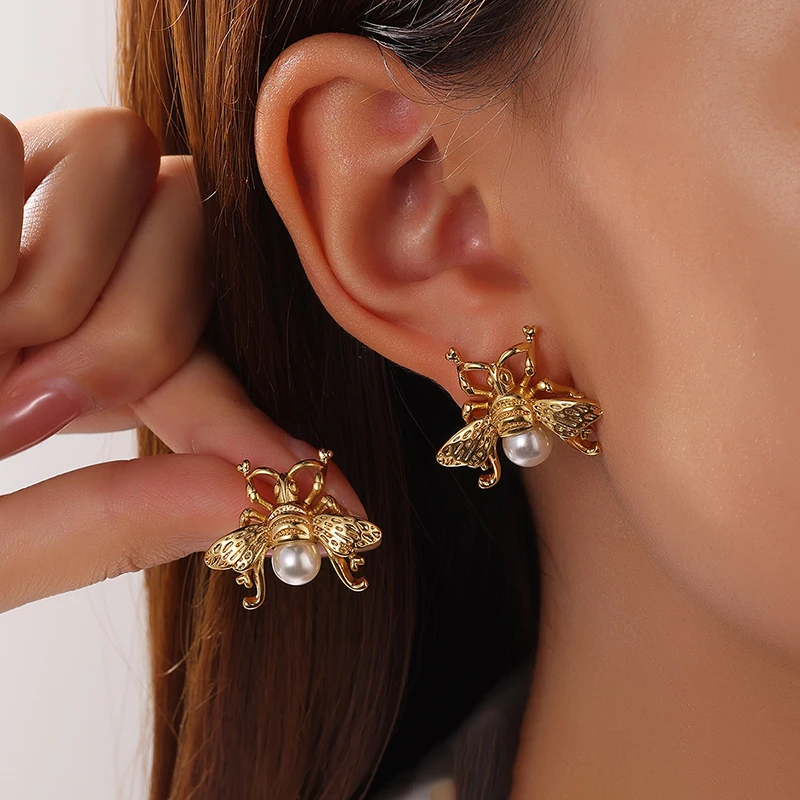EILIECK 316L Edelstahl Nette Biene Perlen Ohrringe Für Frauen Mode Neue Party Geschenk Ohr Stud Wasserdicht Schmuck Bijoux 9) Image