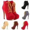 Größe 35-43 Westlicher Stil Damen Lace-Up Casual Motorradstiefel High Heels Runde Zehen Rot Schwarz Flock Plattform Winter Damenschuhe