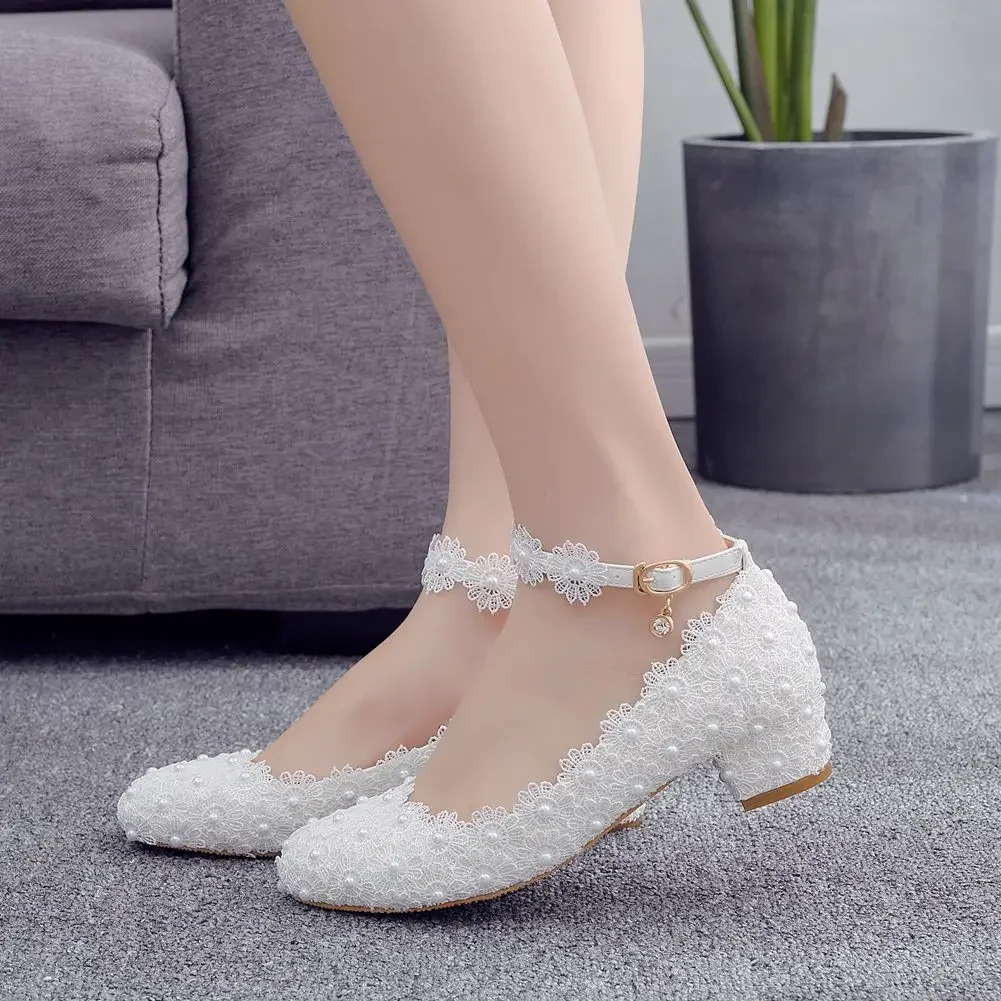 Frauen 3CM High Heels Weiße Spitze Perle Hochzeit Schuhe Sexy Braut Party Spitz Flach Mund Pumpen Schuh Brautjungfer rosa