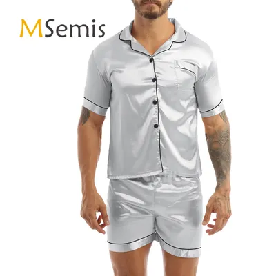 Herren-Pyjama-Set aus seidigem Satin, Nachtwäsche, Nachtwäsche, Reverskragen, Button-Down-Hemdoberteil mit elastischer Taille, Boxershorts Image