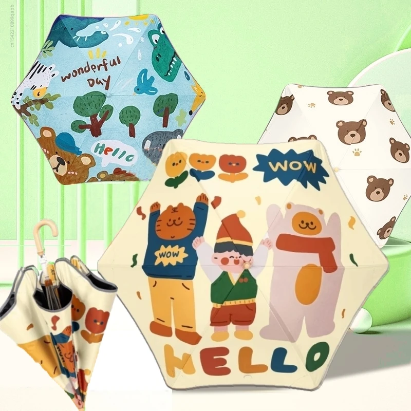 Cartoon UV Regenschirm lange Hand Sonnenschirm Kinder Sonne Regen Regenschirm runde Ecken Schutz Regenschirme mit reflektieren den Streifen Sonnenschirm Image