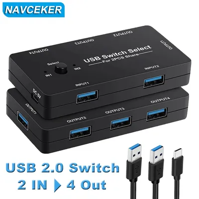 Navceker USB Kvm-switch USB 2,0 Switcher Kvm-switch für Windows10 PC Tastatur Maus Drucker 2 PCs Sharing 4 Geräte USB Schalter Image