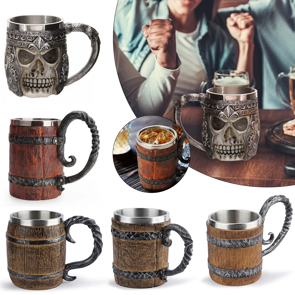 Viking Holz Stil Bier Becher Simulation Holz Barrel Bier Tasse Doppel Wand Trinken Becher Metall Isolierte 1PCS Bar Trinken кружка