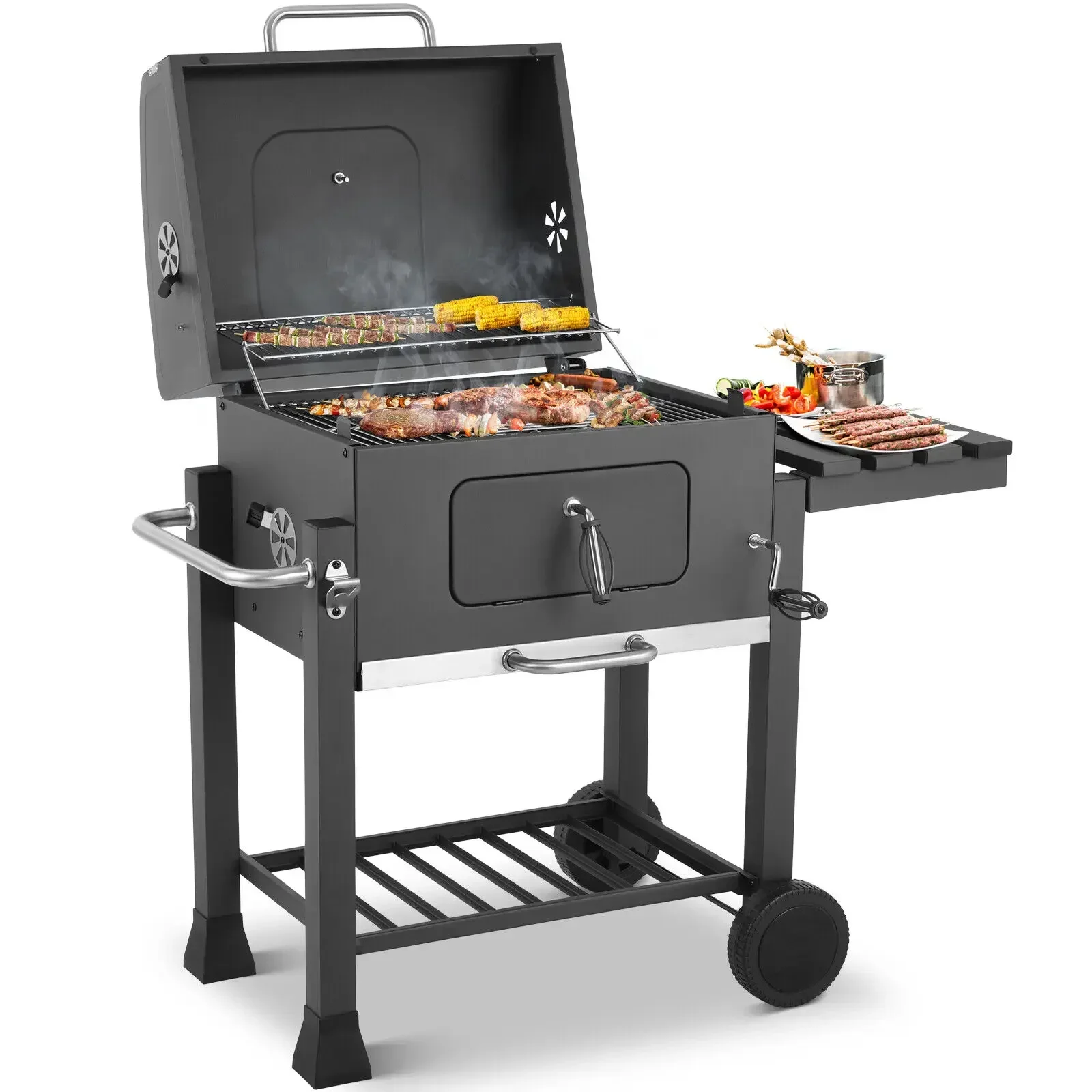 Grillwagen, Holzkohlegrill XXL, 116x55,7x100 cm, BBQ Grill mit Öffner, Ausziehbarem Aschenbecher, Ablagen mit Haken&verstellbarem Kohleblech, 3 Grillrost,2 Räder für einfache Mobilität Image