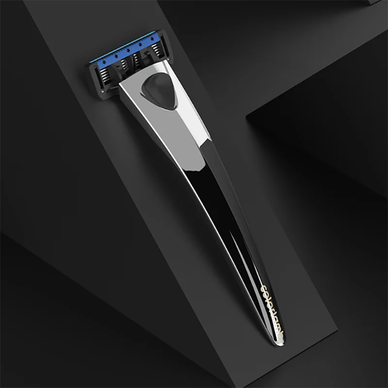 Colorlamb Handrasierer mit Metallgriff für Männer, Rasierfriseur, edler silberfarbener Rasierer mit 5-Klingen-Kartuschenset Image