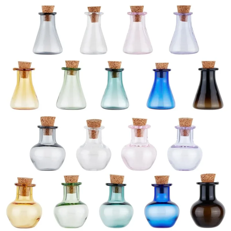 18 Stück farbige kleine Zaubergläser, 2 Sets Mini-Glasflaschen, Mini-Trankflaschen, Wunschflaschenfläschchen mit Korkstopfen für Hochzeit Image