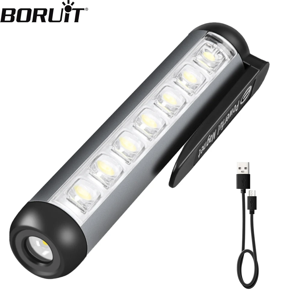 BORUiT Mini tragbare LED-Taschenlampe Typ C wiederaufladbare ultrahelle Taschenlampe mit Clip-Magnet-Arbeitslicht, wasserdichte Campinglampe