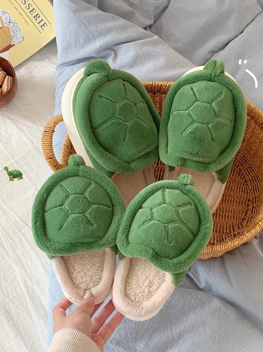 Nette Schildkröte Warme Plüsch Hause Hausschuhe Mann Frauen Schuhe Für Eltern Kinder Winter Bequeme Jungen Mädchen Baby Slipper Kinder