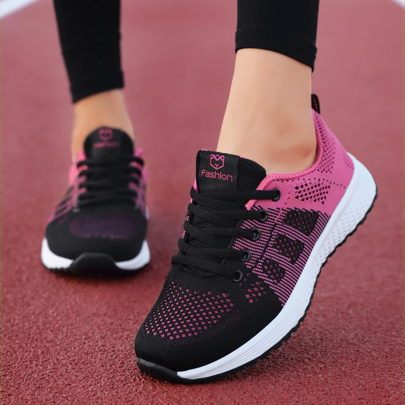 Frauen Casual Schuhe Atmungsaktive Wanderschuhe Mesh Lace Up Flache Schuhe Turnschuhe Frauen Tenis Feminino Rosa Schwarz Weiß