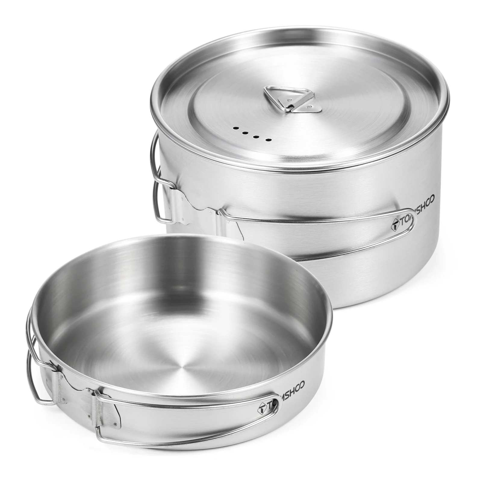 Tomshoo 2 stücke Camping Kochgeschirr Set Edelstahl Topf Pfanne Kochset mit faltbaren Griffen Mesh Trage tasche Image
