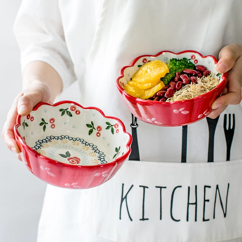1pc rote Kirsche Design Schüssel Keramik Salats ch üssel Pasta Haferflocken Schüssel Pudding Backing Bowl Mikrowelle sicheres Geschirr Image