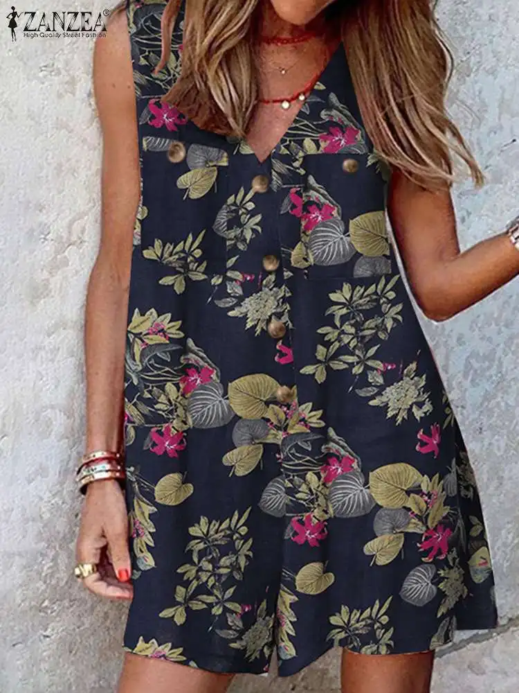 ZANZEA Frauen Bohemian Floral Bedruckte Overalls Weibliche Casual Urlaub Playsuits Lose Strampler Sommer V-ausschnitt Ärmellose Strampler Image