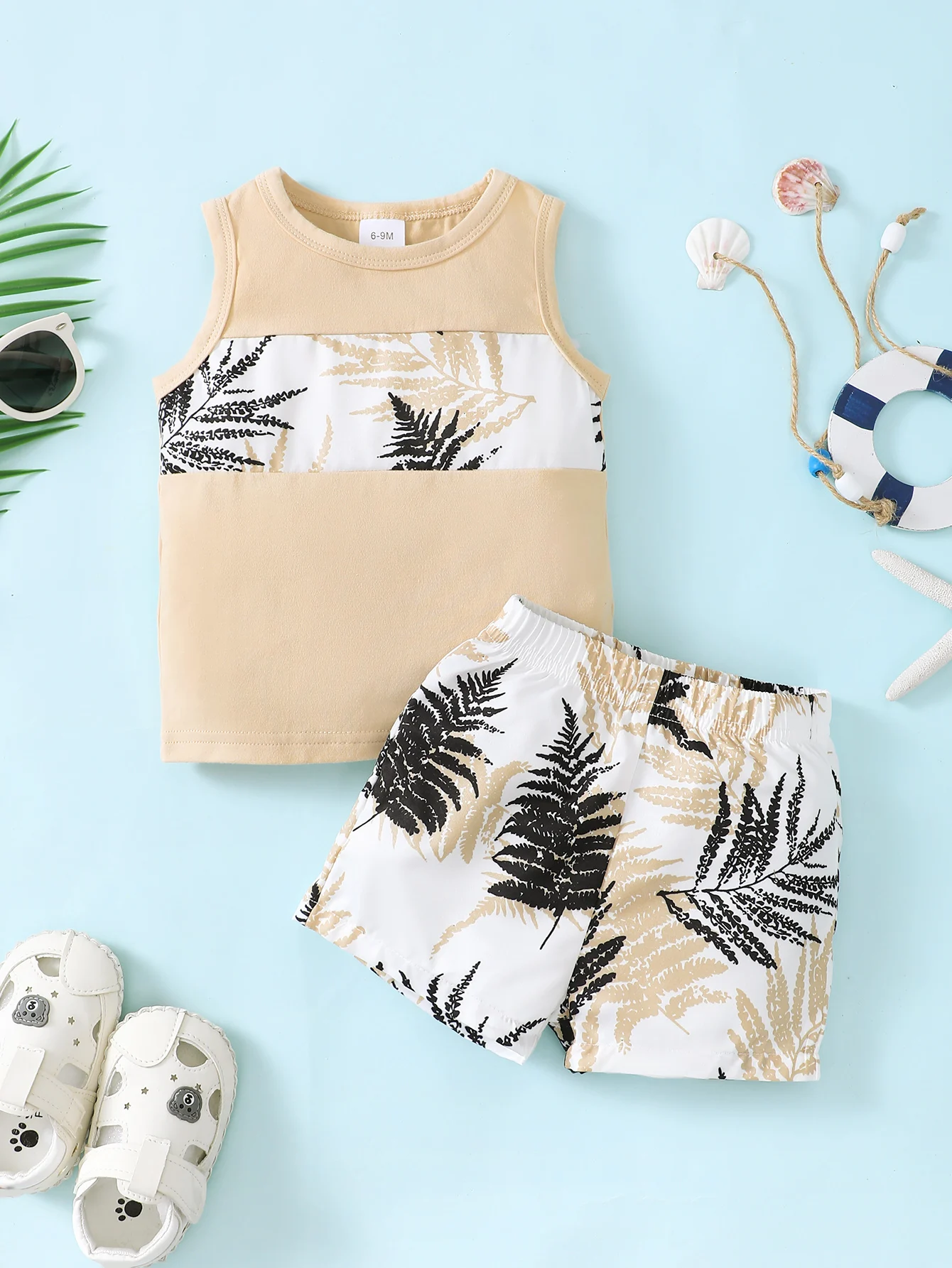 Neues Sommerurlaub-Oberteil für Babys mit Rundhalsausschnitt und langen Ärmeln, einfarbig, minimalistisches Oberteil, gepaart mit Shorts mit Kokosnussbaum-Aufdruck Image