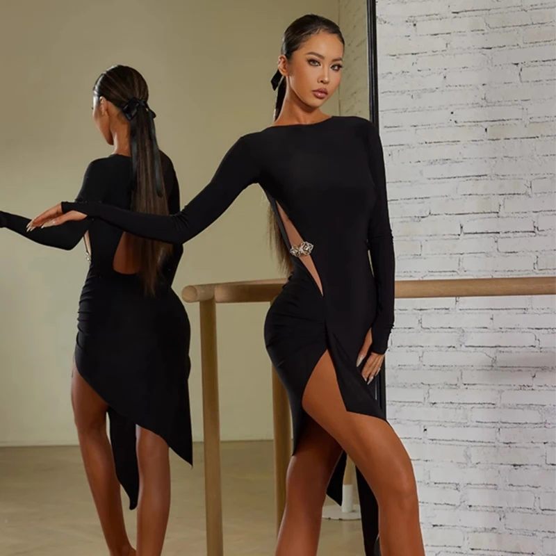 Schwarz Unregelmäßige Lange Ärmel Latin Dance Kleid Frauen Latin Dance Performance Kleidung Rumba Chacha Salsa Praxis Tragen SL7659 Image