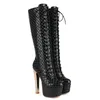 Karo Plaid Stoff weiß schwarz Gold Absätze Schnürung sexy kniehohe Stripper Winter warme Schuhe Plattform Frauen Stiefel Größe 47
