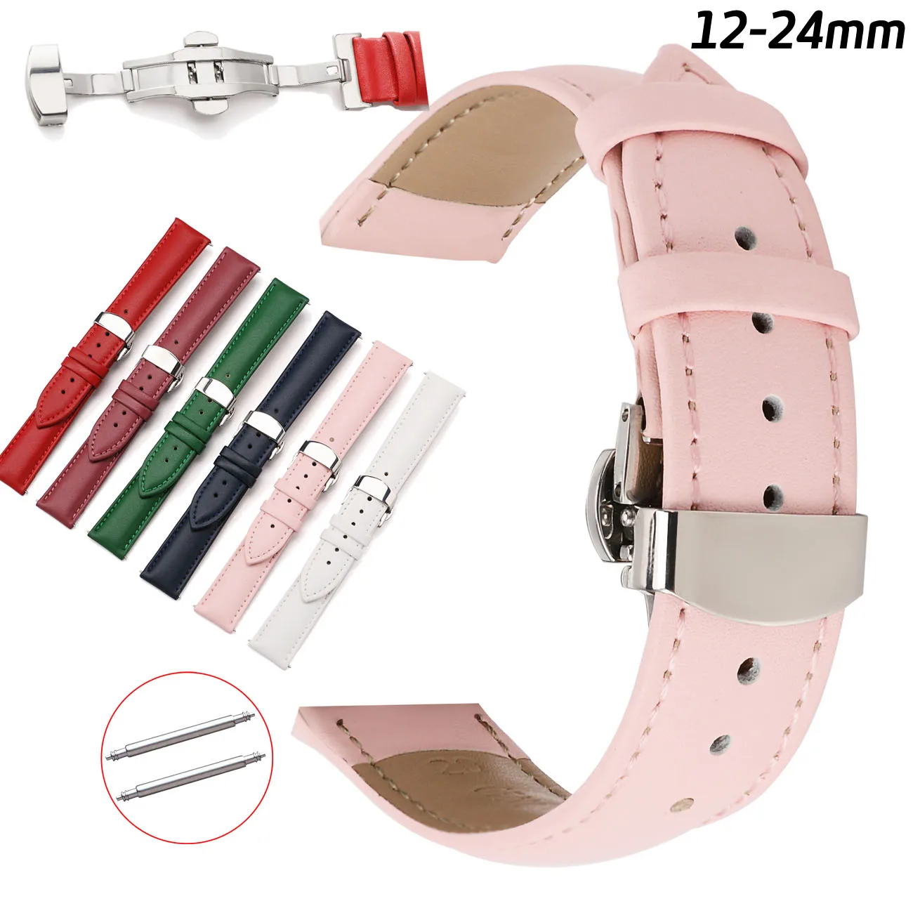 12 14 16 18 20 22 24mm Echtes Leder Uhr Band Armbanduhr Strap Frauen Männer Schmetterling Schnalle Armband mit pins Image