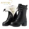 AIYUQI 2025 Echtes Leder Frauen Biker Stiefel Größe 41 42 43 Spitze Mode Frauen Schnee Stiefel mit hohen absätzen Dicke wolle Stiefel