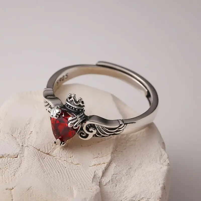 Vintage 925 Sterling Silber Flügel Kristall Herz Finger Ring Offene Silber Ringe Für Frauen Hochzeit Luxus Edlen Schmuck Marke Geschenk Image