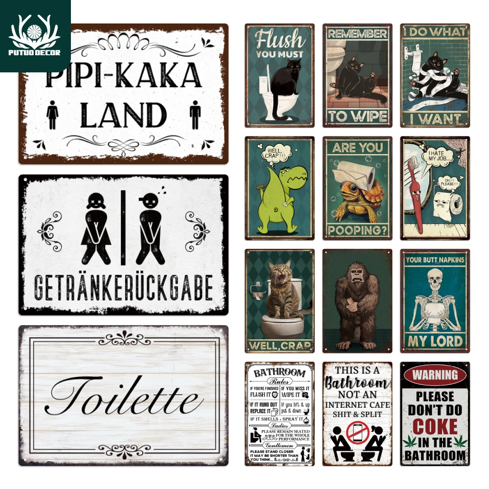 Putuo Decor Toilette Retro Blechschild Vintage Badezimmer Plakette Metallplatten Wandkunst Poster Dekoration für Toilette Eisen Gemälde Image